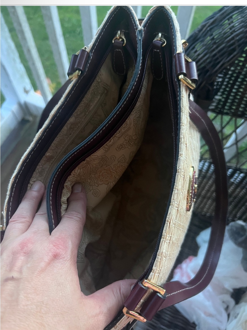 Beige Woven Tote with Dark Brown Trim - Picture 4 of 4